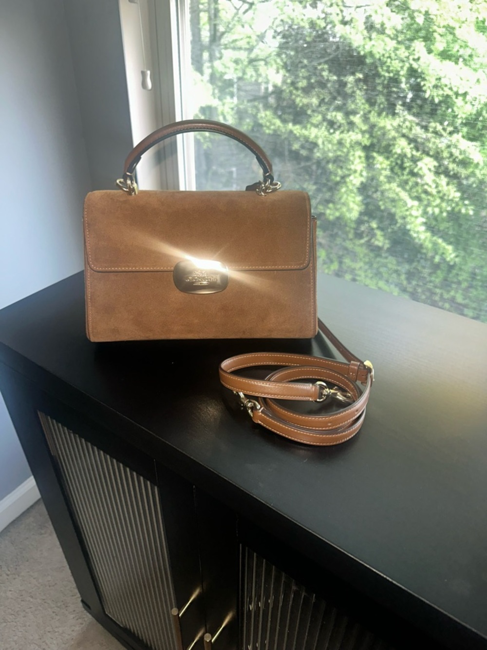 Coach Eliza Brown Suede Top-Handle Satchel with Gold Hardware
